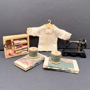 Dollhouse Miniatures Singer Sewing Machine Cloth Thread Scissors Shirt on Hangar